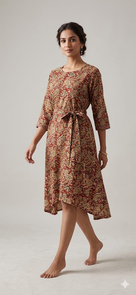 Devi Printed Cotton A-Line Kurti with Tie-Up Detail
