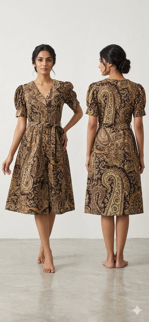 Devi Printed Cotton A-Line Kurti with Tie-Up Detail